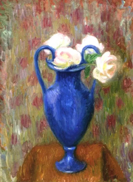 Pink Roses in Blue Urn