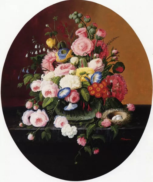 Still Life witih Flowers in a Glass Bowl and Bird's Nest