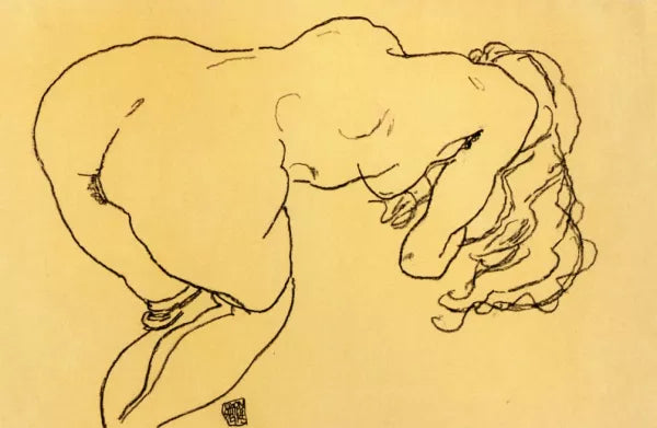 Langhaariger Akt, Vornubergebeugt, Ruckenansicht