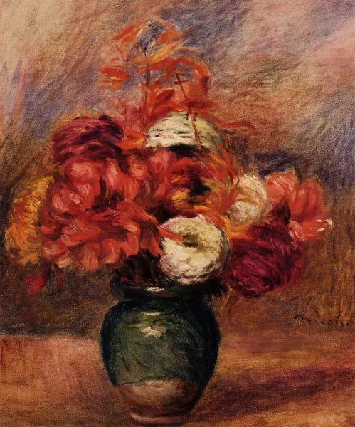 Flowers in a Green Vase - Dahlilas and Asters