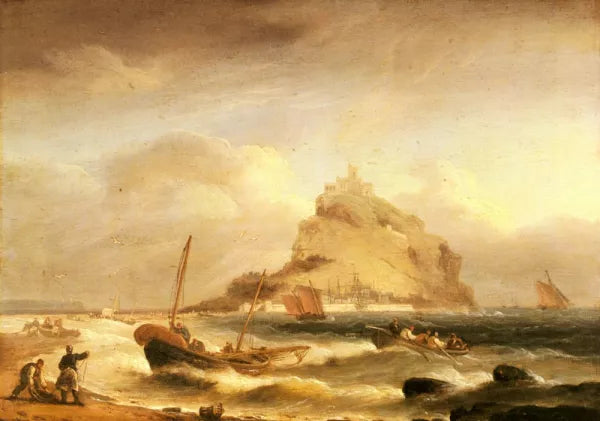 Fishermen rowing in, before St. Michael's Mount